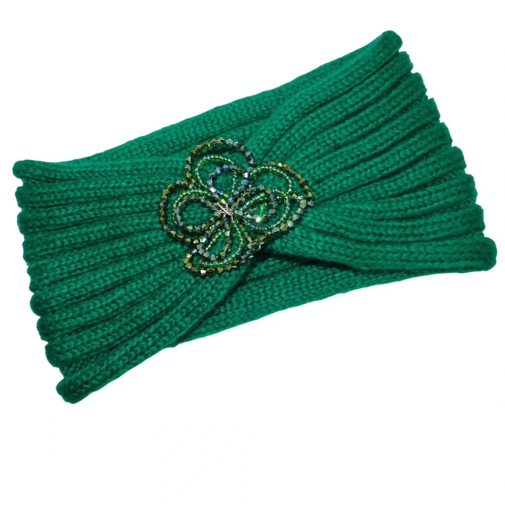 CC Exclusives Green Knitted‎ Turban Headband Beaded Flower Embellishment